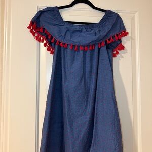 Stylish Blue Dress with Red Tassel Accents